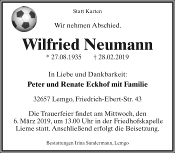 Anzeige  Wilfried Neumann  Lippische Landes-Zeitung