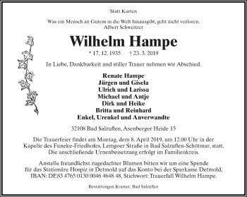 Anzeige  Wilhelm Hampe  Lippische Landes-Zeitung