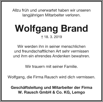 Anzeige  Wolfgang Brand  Lippische Landes-Zeitung