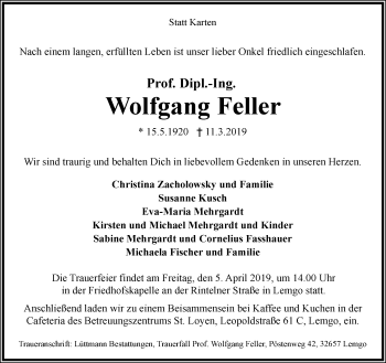 Anzeige  Wolfgang Feller  Lippische Landes-Zeitung