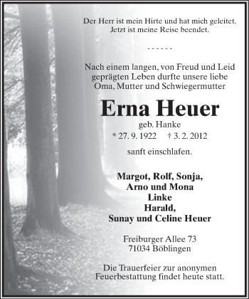 Anzeige  Erna Heuer  Lippische Landes-Zeitung