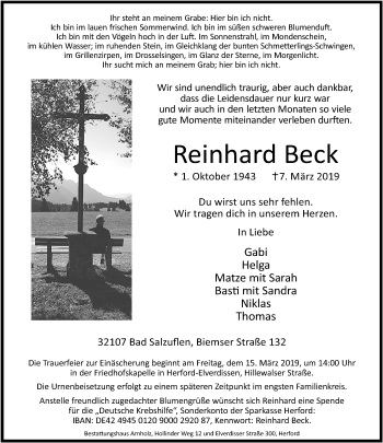 Anzeige  Reinhard Beck  Lippische Landes-Zeitung