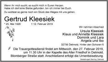Anzeige  Gertrud Kleesiek  Lippische Landes-Zeitung