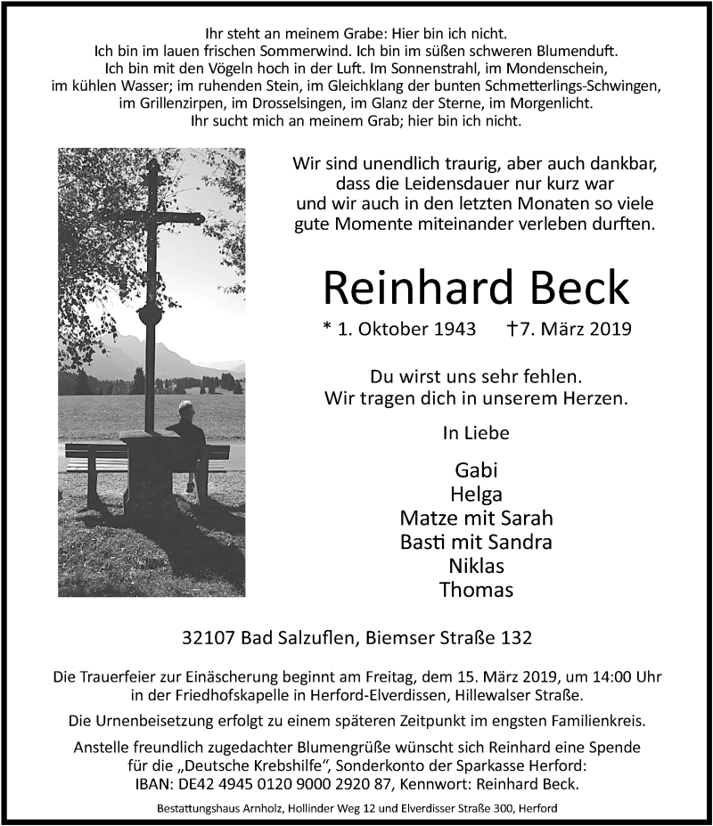  Traueranzeige für Reinhard Beck vom 12.03.2019 aus Lippische Landes-Zeitung