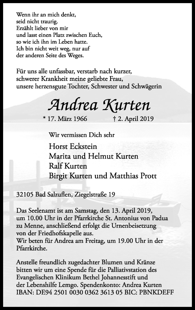  Traueranzeige für Andrea Kurten vom 06.04.2019 aus Lippische Landes-Zeitung