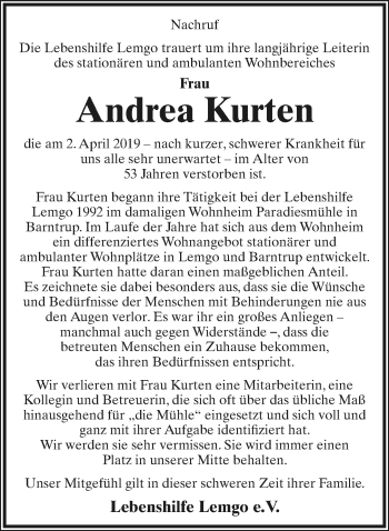 Anzeige  Andrea Kurten  Lippische Landes-Zeitung