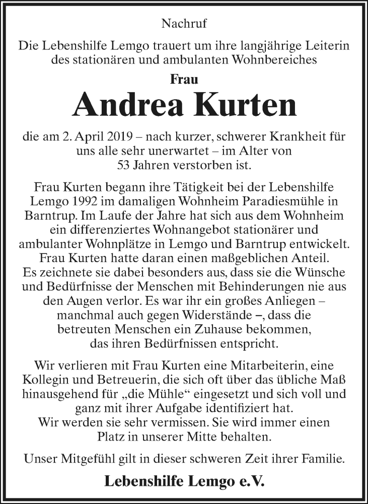  Traueranzeige für Andrea Kurten vom 13.04.2019 aus Lippische Landes-Zeitung