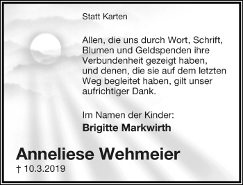 Anzeige  Anneliese Wehmeier  Lippische Landes-Zeitung