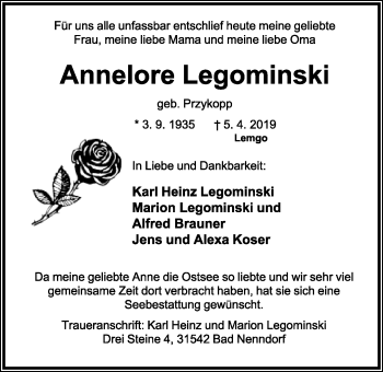 Anzeige  Annelore Legominski  Lippische Landes-Zeitung