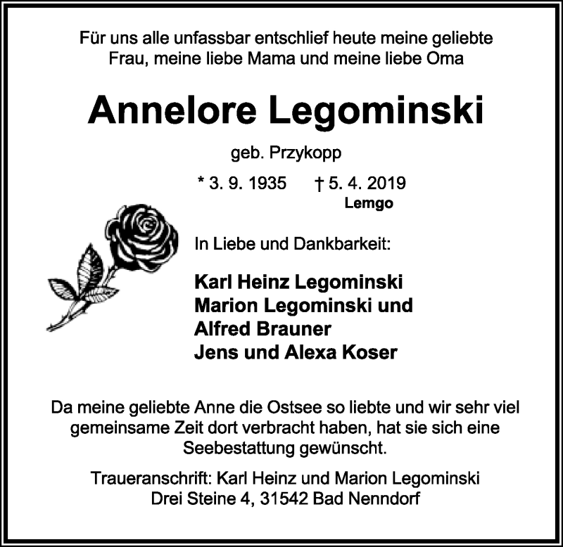  Traueranzeige für Annelore Legominski vom 09.04.2019 aus Lippische Landes-Zeitung