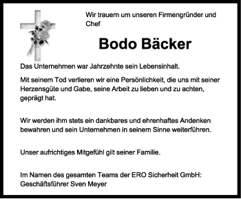 Anzeige  Bodo Bäcker  Lippische Landes-Zeitung