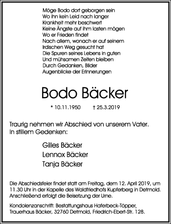 Anzeige  Bodo Bäcker  Lippische Landes-Zeitung