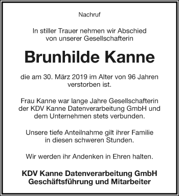 Anzeige  Brunhilde Kanne  Lippische Landes-Zeitung