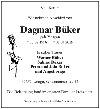 Anzeige  Dagmar Büker  Lippische Landes-Zeitung