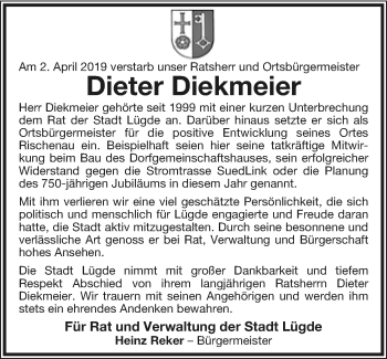 Anzeige  Dieter Diekmeier  Lippische Landes-Zeitung