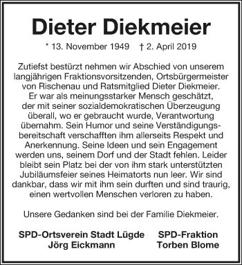 Anzeige  Dieter Diekmeier  Lippische Landes-Zeitung
