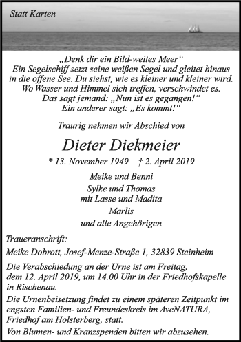 Anzeige  Dieter Diekmeier  Lippische Landes-Zeitung