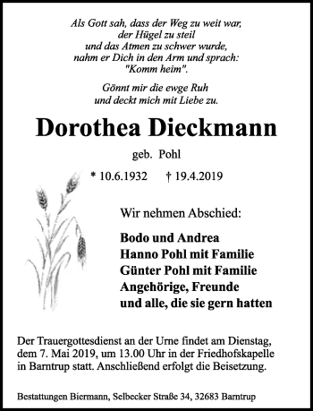 Anzeige  Dorothea Dieckmann  Lippische Landes-Zeitung
