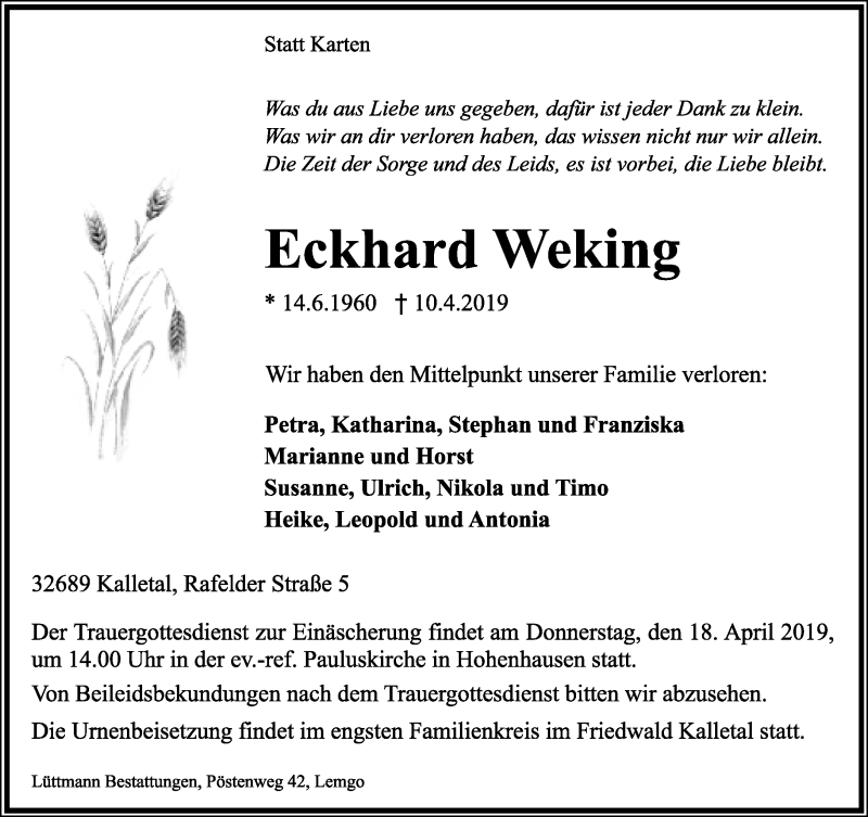  Traueranzeige für Eckhard Weking vom 13.04.2019 aus Lippische Landes-Zeitung