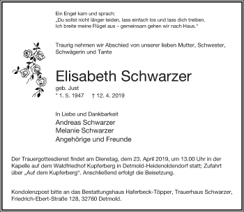 Anzeige  Elisabeth Schwarzer  Lippische Landes-Zeitung