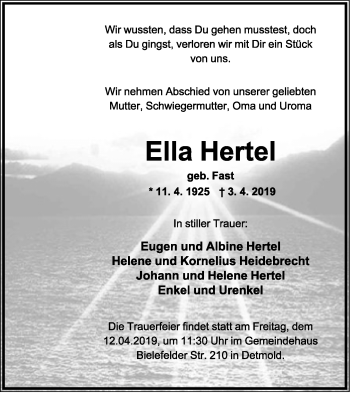 Anzeige  Ella Hertel  Lippische Landes-Zeitung