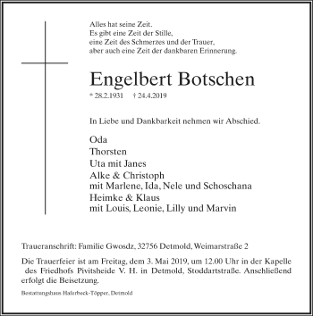 Anzeige  Engelbert Botschen  Lippische Landes-Zeitung