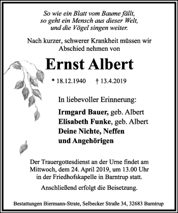 Anzeige  Ernst Albert  Lippische Landes-Zeitung