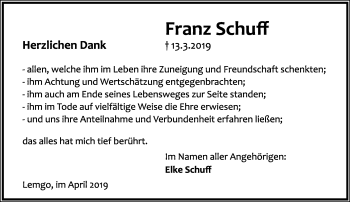 Anzeige  Franz Schuff  Lippische Landes-Zeitung