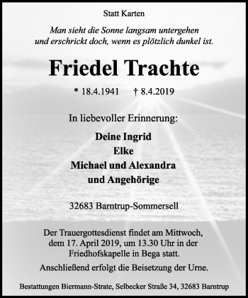 Anzeige  Friedel Trachte  Lippische Landes-Zeitung
