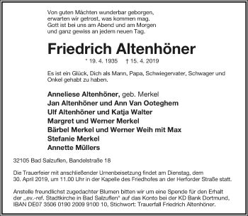Anzeige  Friedrich Altenhöner  Lippische Landes-Zeitung