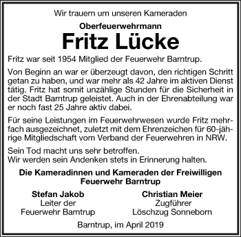 Anzeige  Fritz Lücke  Lippische Landes-Zeitung