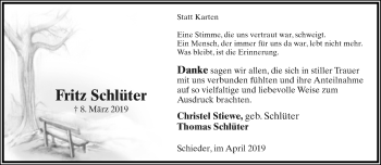 Anzeige  Fritz Schlüter  Lippische Landes-Zeitung