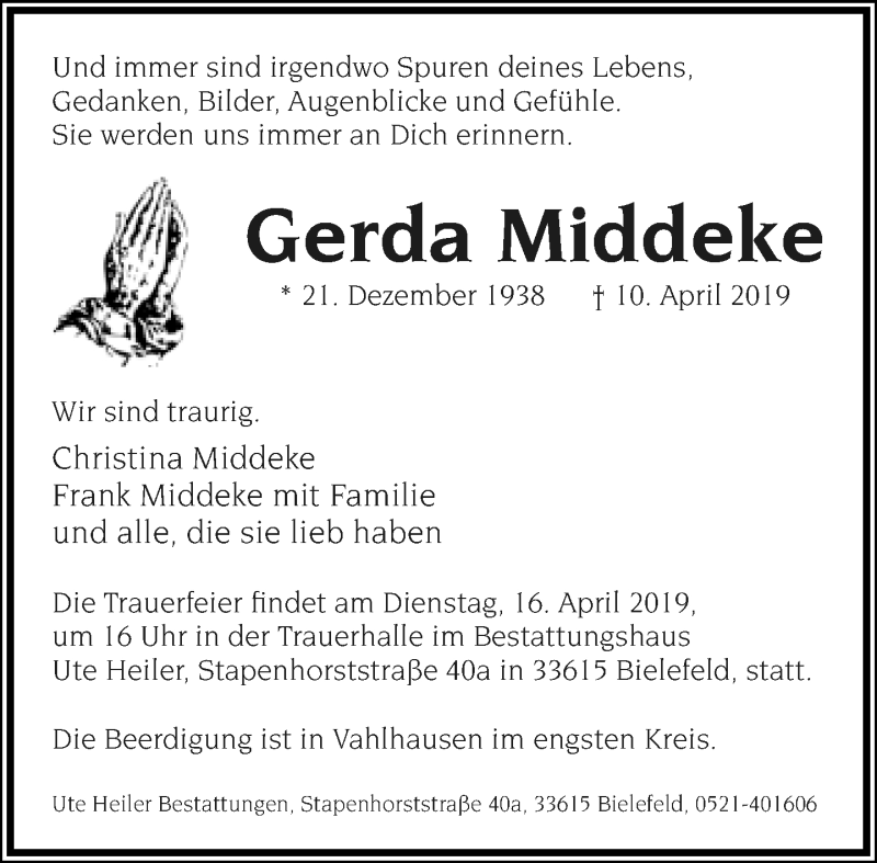  Traueranzeige für Gerda Middeke vom 13.04.2019 aus Lippische Landes-Zeitung