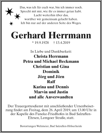 Anzeige  Gerhard Herrmann  Lippische Landes-Zeitung