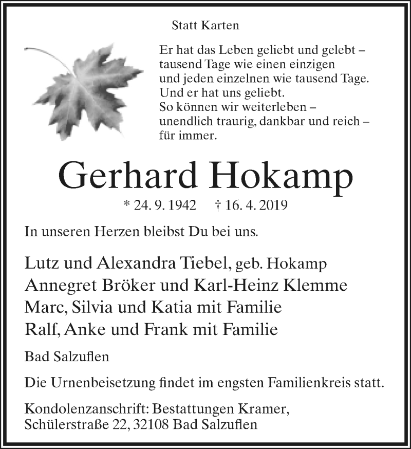  Traueranzeige für Gerhard Hokamp vom 19.04.2019 aus Lippische Landes-Zeitung