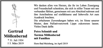 Anzeige  Gertrud Möllenbernd  Lippische Landes-Zeitung