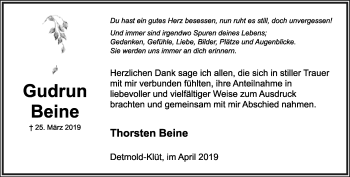 Anzeige  Gudrun Beine  Lippische Landes-Zeitung