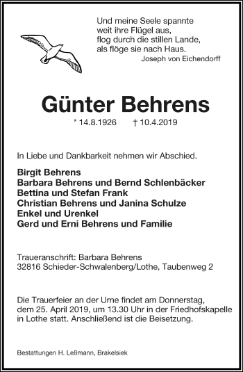 Anzeige  Günter Behrens  Lippische Landes-Zeitung