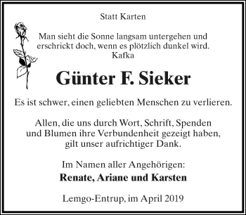 Anzeige  Günter F. Sieker  Lippische Landes-Zeitung