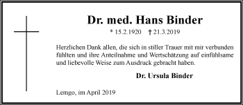 Anzeige  Hans Binder  Lippische Landes-Zeitung