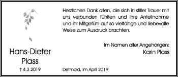 Anzeige  Hans-Dieter Plass  Lippische Landes-Zeitung