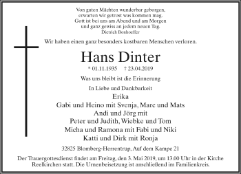 Anzeige  Hans Dinter  Lippische Landes-Zeitung