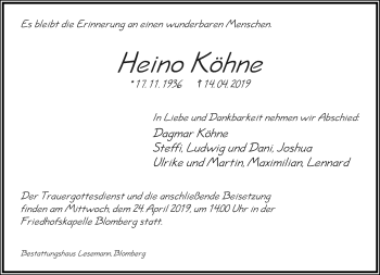 Anzeige  Heino Köhne  Lippische Landes-Zeitung