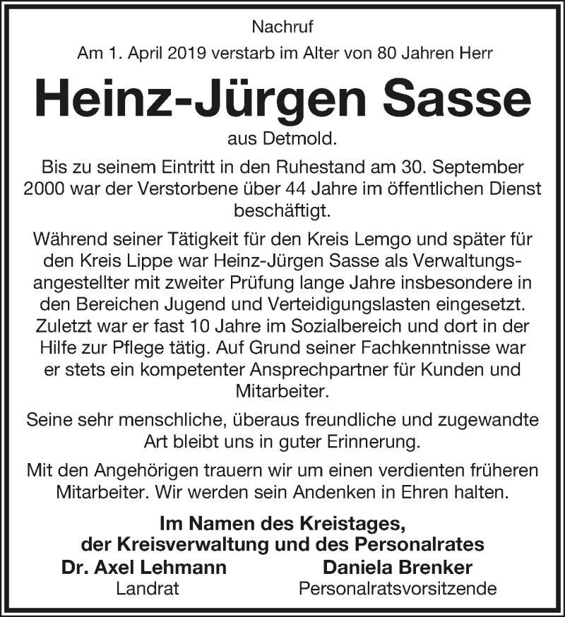  Traueranzeige für Heinz Jürgen Sasse vom 09.04.2019 aus Lippische Landes-Zeitung