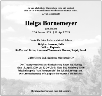 Anzeige  Helga Bornemeyer  Lippische Landes-Zeitung