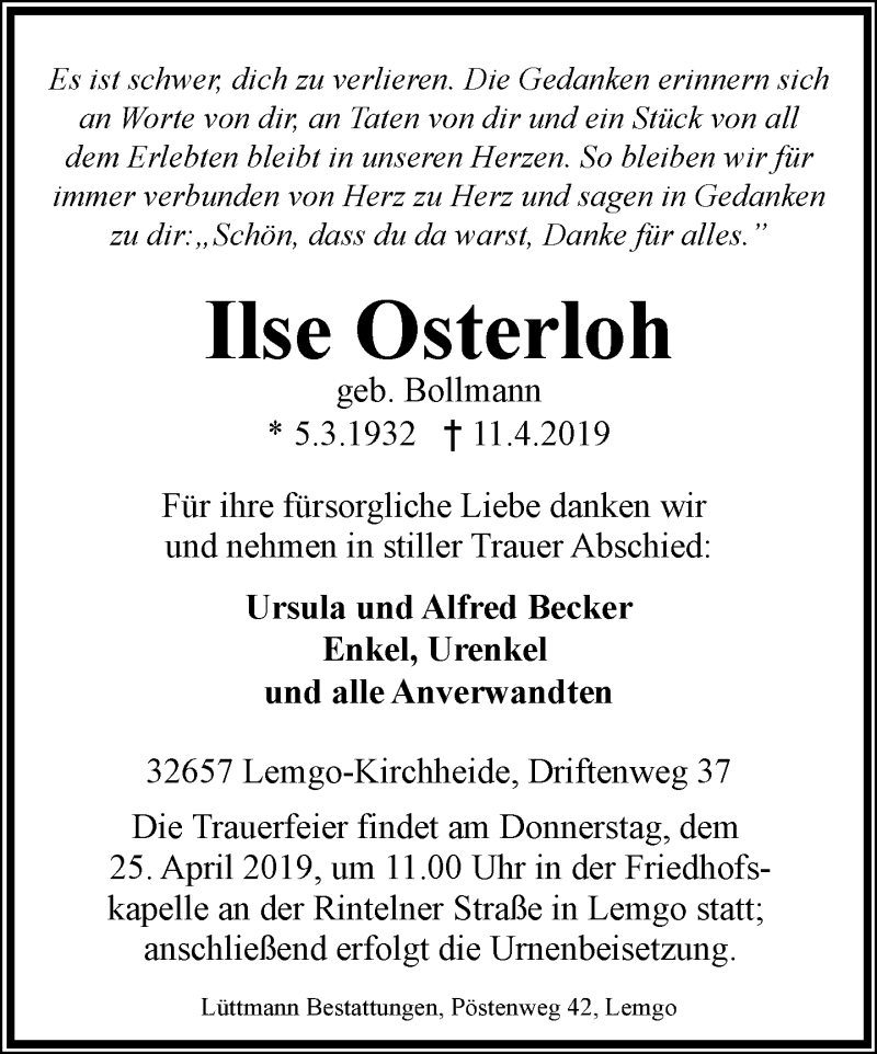  Traueranzeige für Ilse Osterloh vom 19.04.2019 aus Lippische Landes-Zeitung