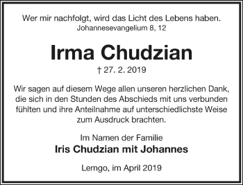 Anzeige  Irma Chudzian  Lippische Landes-Zeitung