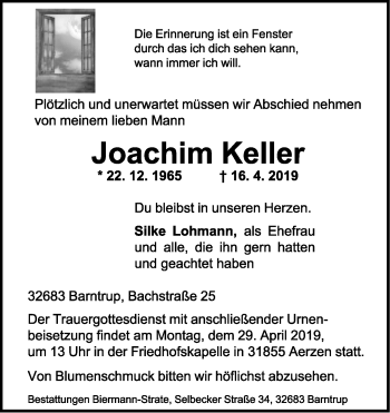 Anzeige  Joachim Keller  Lippische Landes-Zeitung