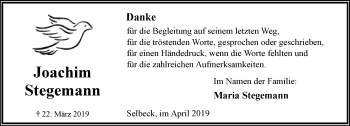 Anzeige  Joachim Stegemann  Lippische Landes-Zeitung
