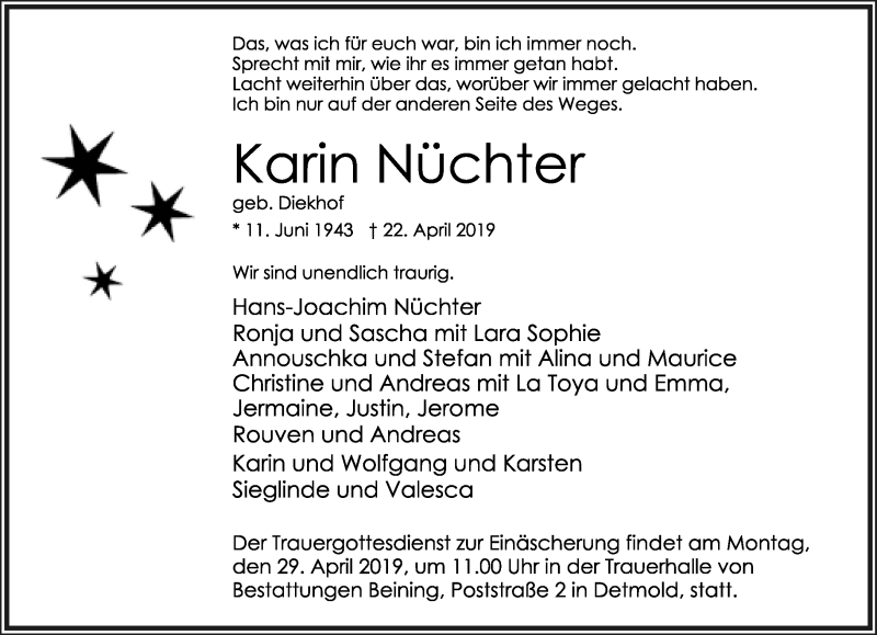  Traueranzeige für Karin Nüchter vom 27.04.2019 aus Lippische Landes-Zeitung